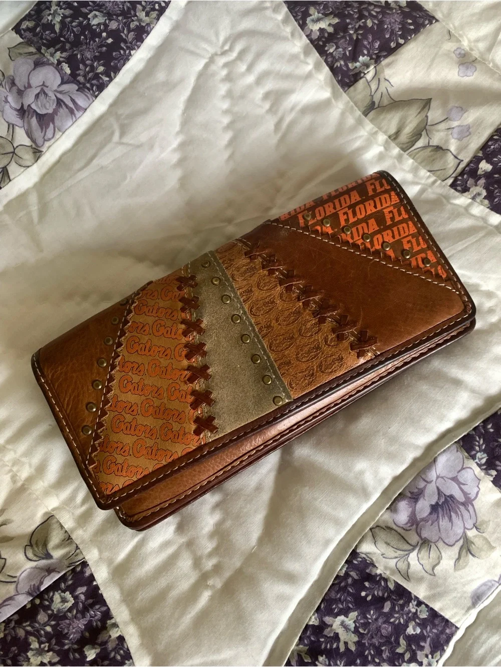 Brown Leather University of FL Patchwork Women's Wallet with Team Logos